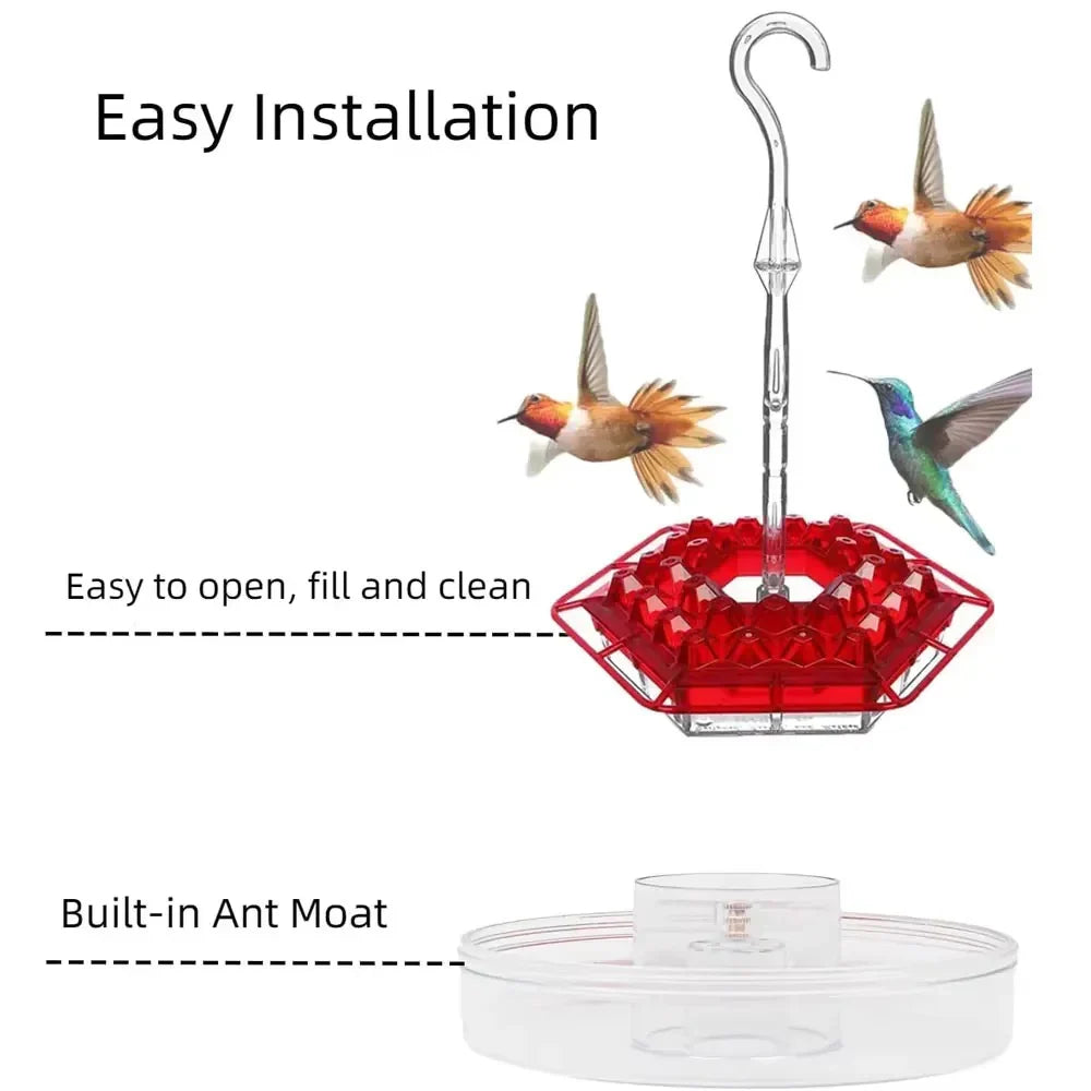 Ant-proof hanging hummingbird feeder, a vibrant garden decor piece and essential for bird feeding.