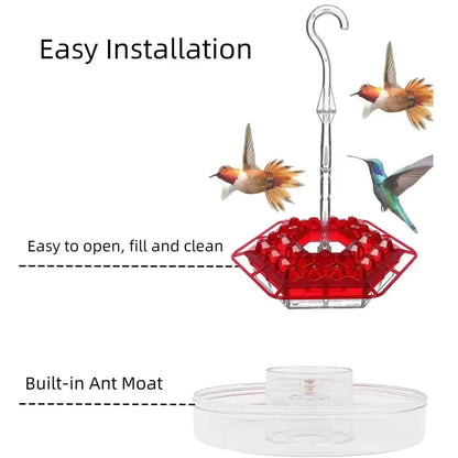 Ant-proof hanging hummingbird feeder, a vibrant garden decor piece and essential for bird feeding.