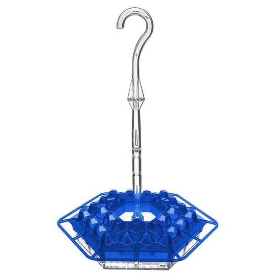 Vibrant blue ant-proof hanging hummingbird feeder, a durable polycarbonate garden decor for bird lovers.