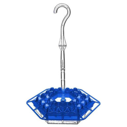 Vibrant blue ant-proof hanging hummingbird feeder, a durable polycarbonate garden decor for bird lovers.