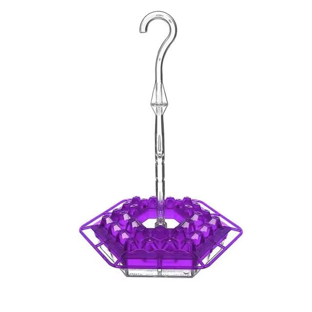 Purple ant-proof hanging hummingbird feeder with perches, perfect for backyard bird feeding attraction.