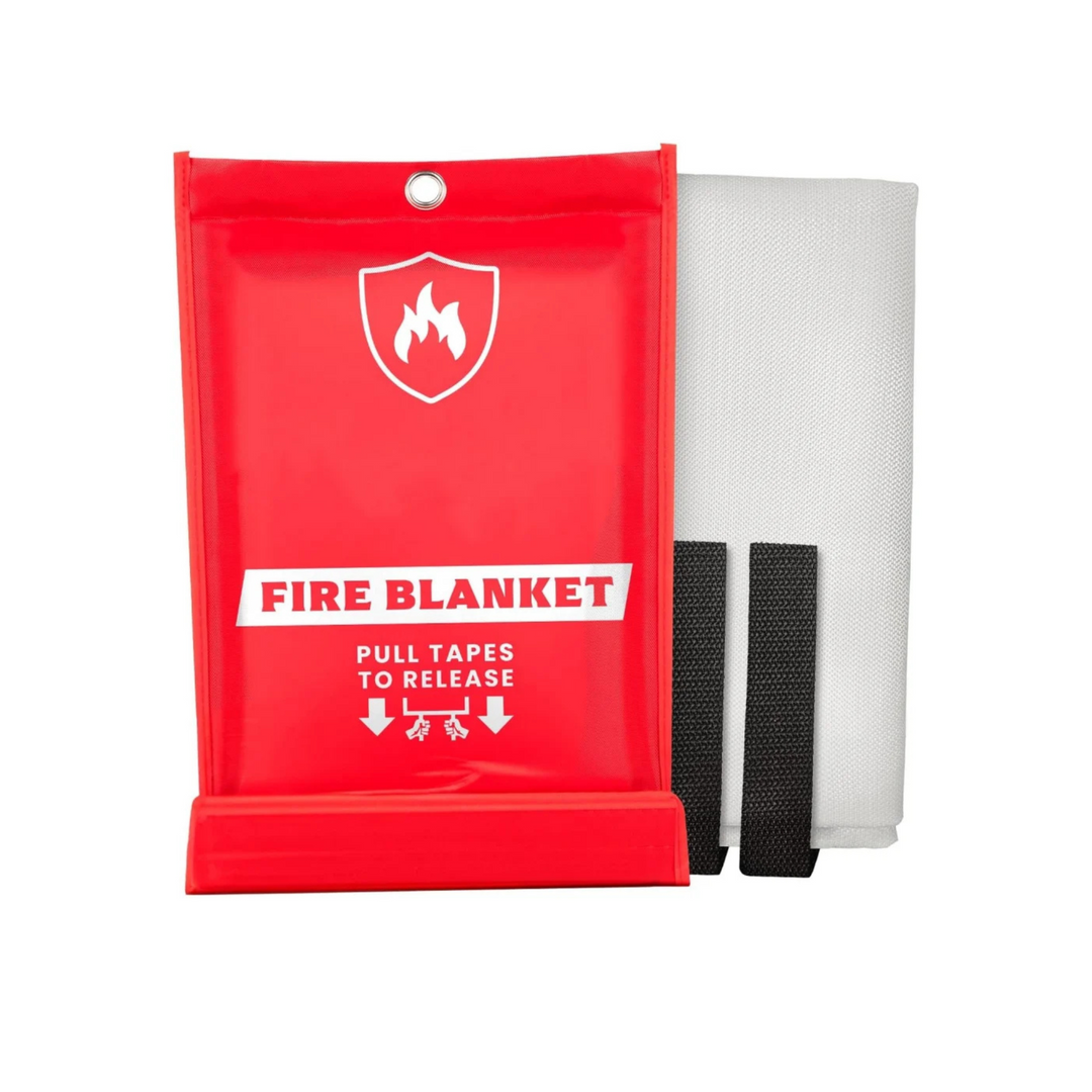 Red fire safety blanket for emergency use in a home or kitchen setting, fire protection.