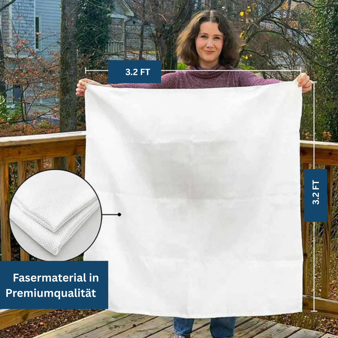 Emergency fire safety blanket with pull tabs, designed for rapid deployment and fire protection.