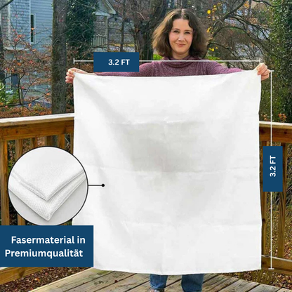 Emergency fire safety blanket with pull tabs, designed for rapid deployment and fire protection.