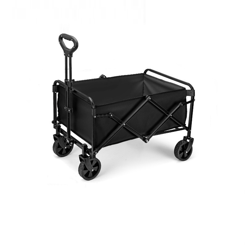 Collapsible camping wagon in blue, shown folded for compact storage and easy portability