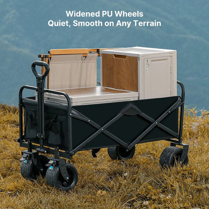 Black utility wagon with durable frame and fabric, designed for outdoor storage and hauling