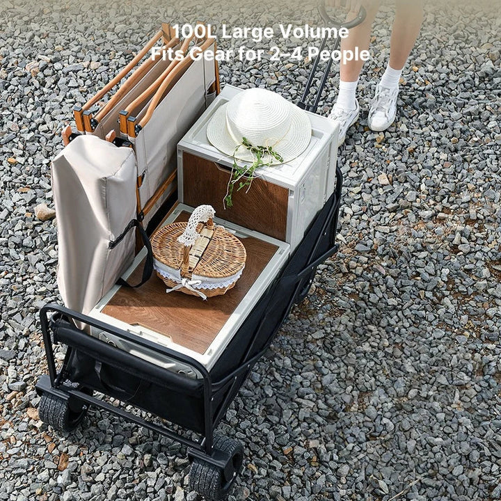 Versatile folding wagon for camping, featuring robust wheels and a spacious interior