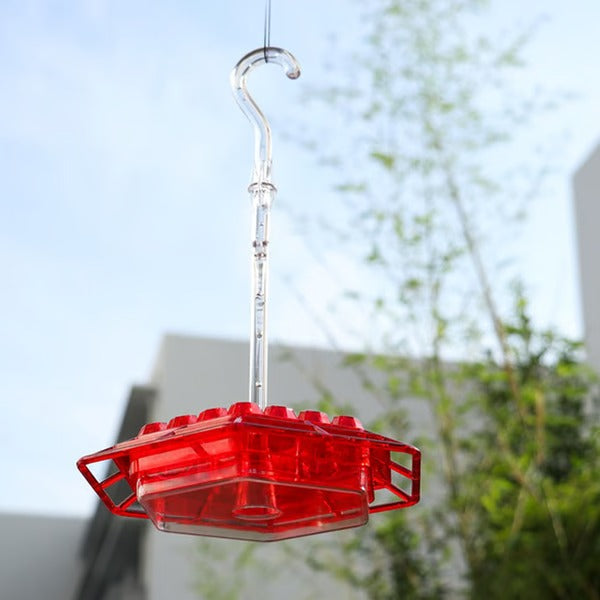 Transparent hummingbird feeder, showcasing nectar, with ant moat, ready for backyard wildlife.