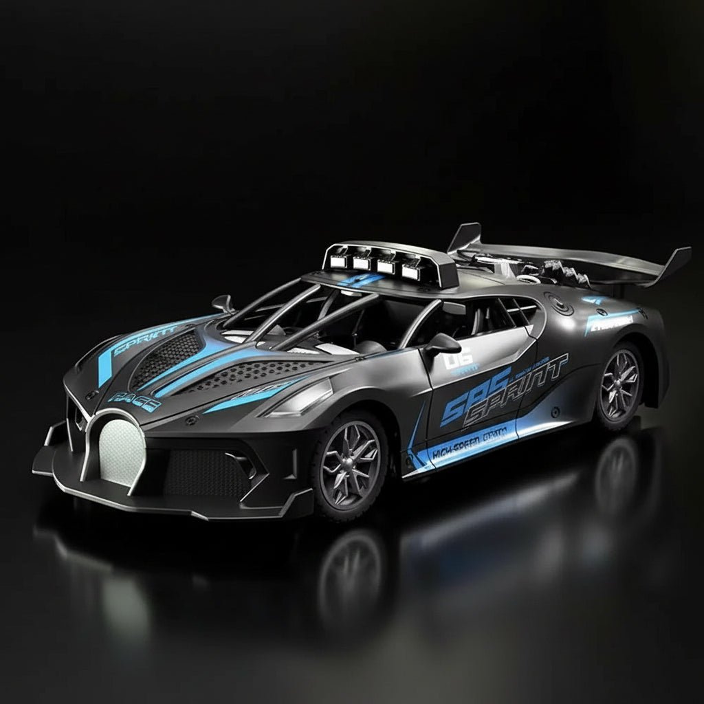 Red electric remote control drift car, durable and fast hobby car for children.