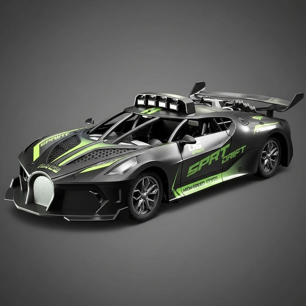 Green remote control drift car, a robust electric toy car for kids' adventures.