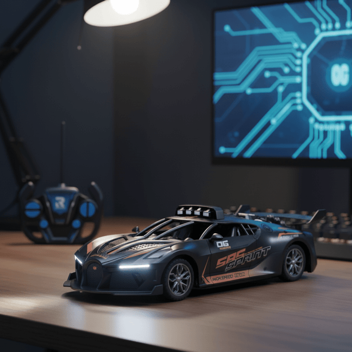 Blue electric drift car with remote, perfect fun RC toy for children's playtime.