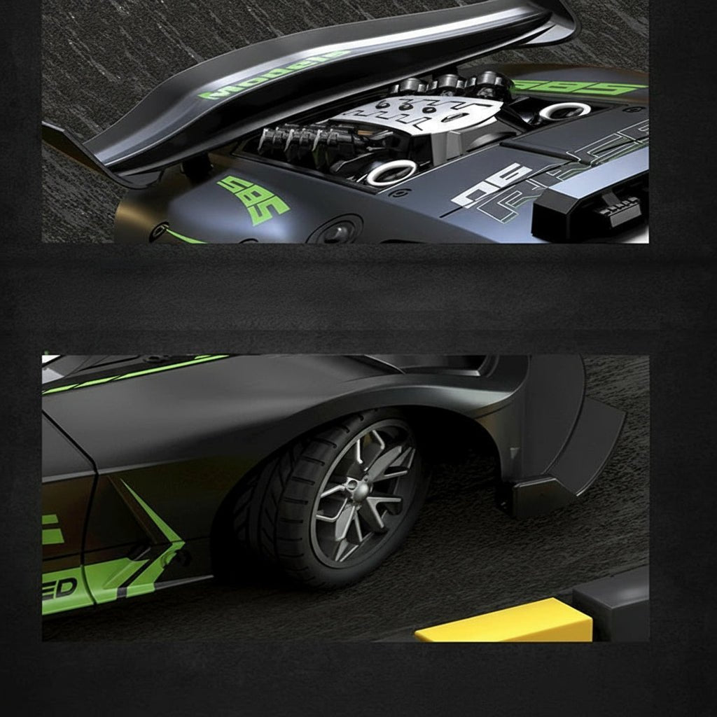 Green durable drift car with remote control, fun electric toy for young drivers.