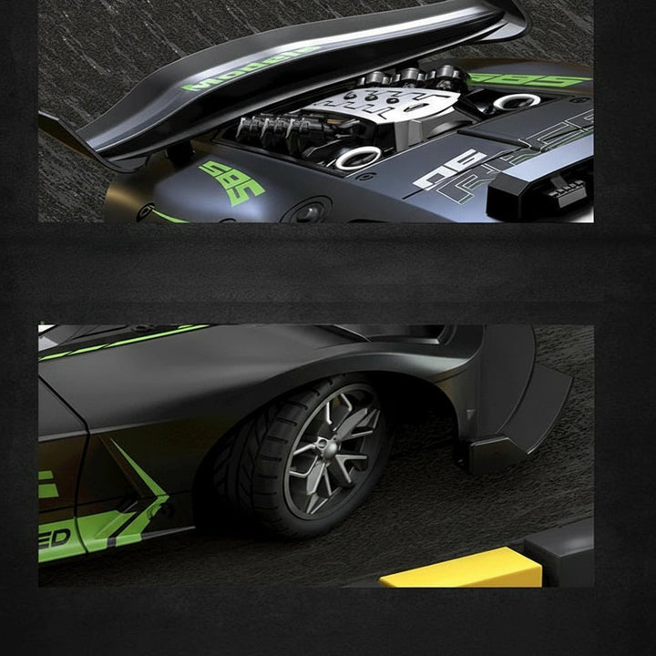 Green durable drift car with remote control, fun electric toy for young drivers.