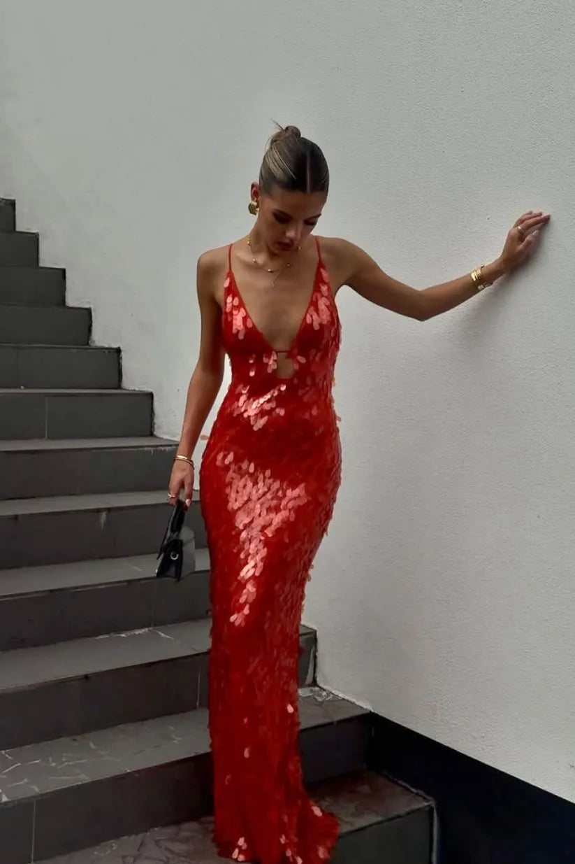 Red sequin backless homecoming dress for women, perfect for special occasions & parties.