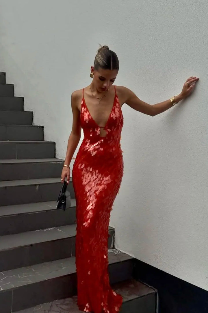 Red sequin backless homecoming dress for women, perfect for special occasions & parties.