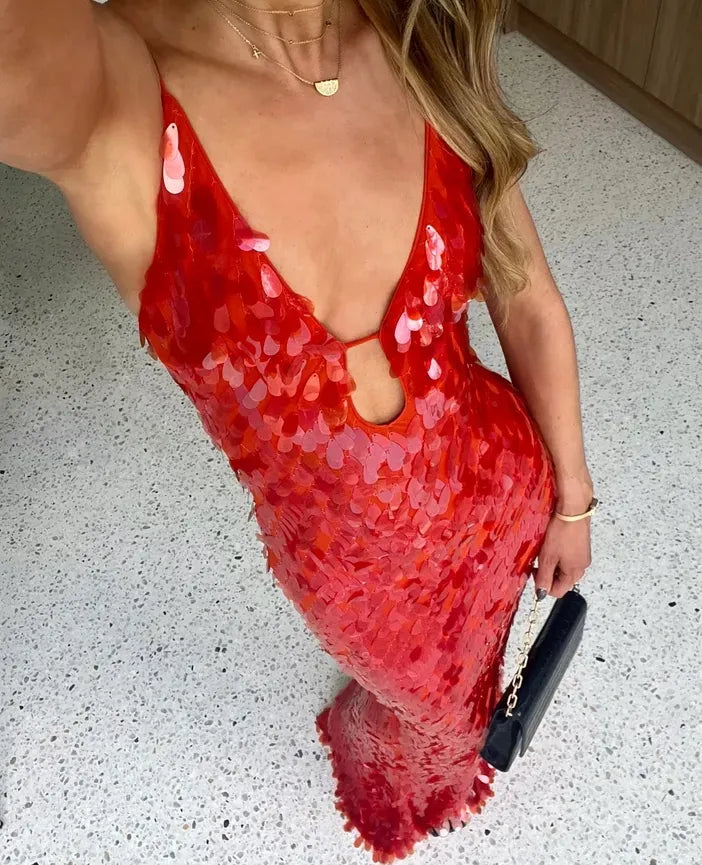 Shimmering red sequin evening gown, a stunning backless formal dress for women's special events.