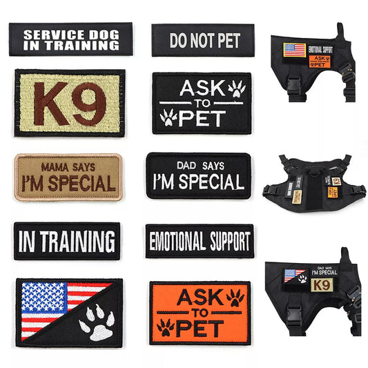 Red 'SERVICE DOG' patch with white lettering, hook and loop backing for dog harness identification