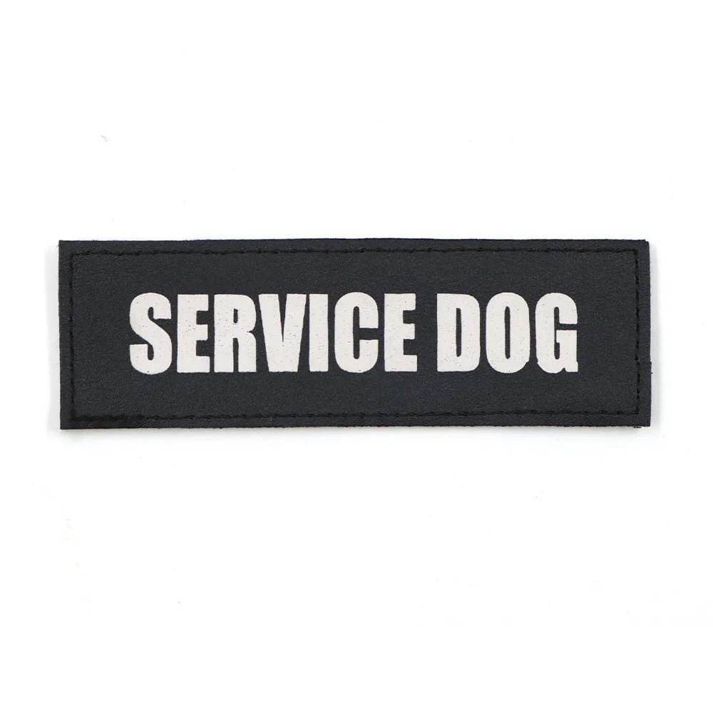 Dog wearing a harness with an attached 'SERVICE DOG' patch, demonstrating real-world use for identification