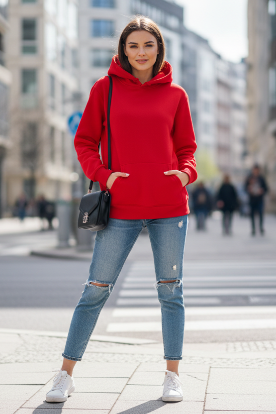 Red unisex breathable hooded sweatshirt for casual everyday style & comfort.