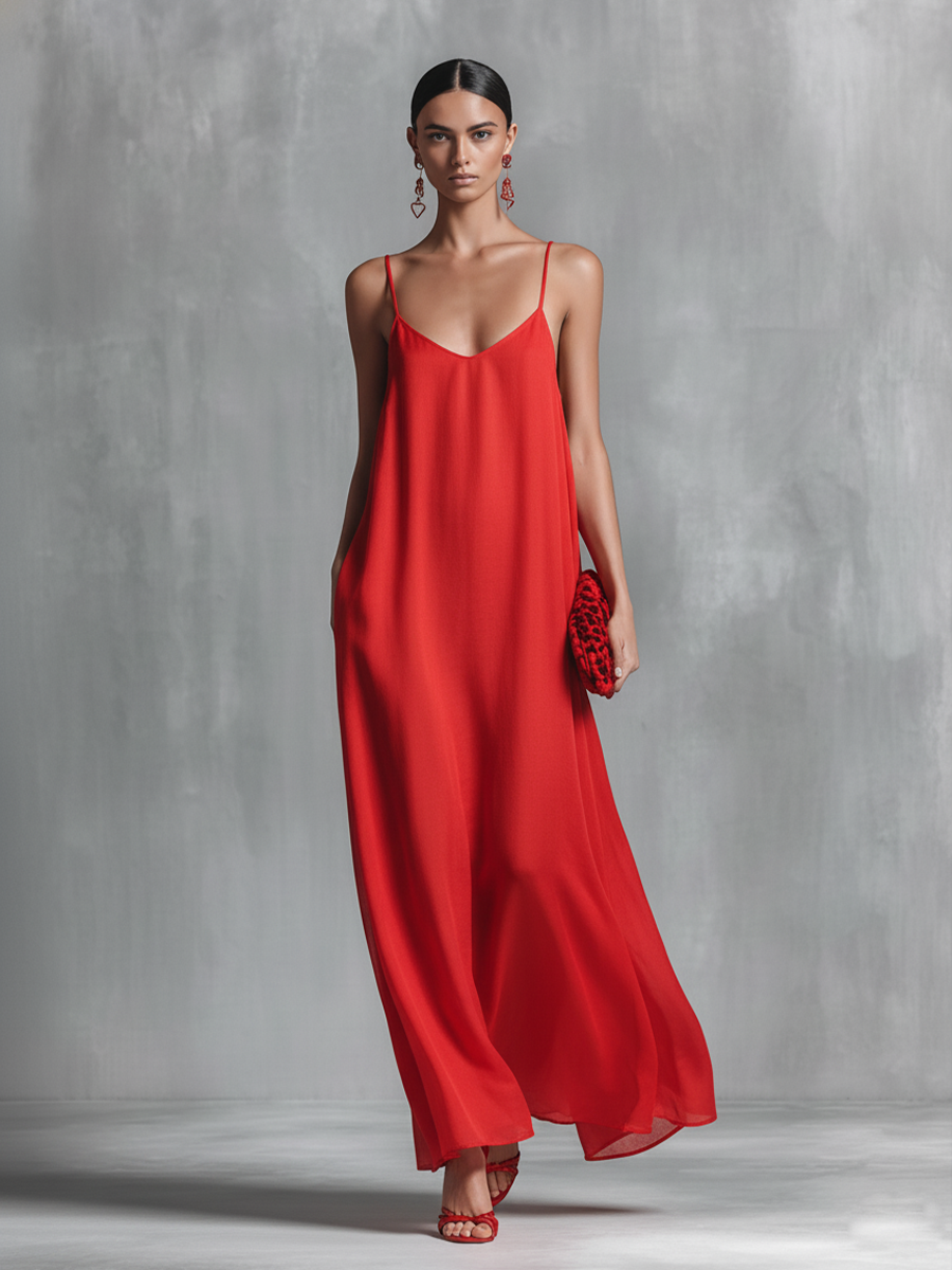 Women's elegant red V-neck maxi dress with spaghetti straps. Flowy summer dress perfect for special occasions.