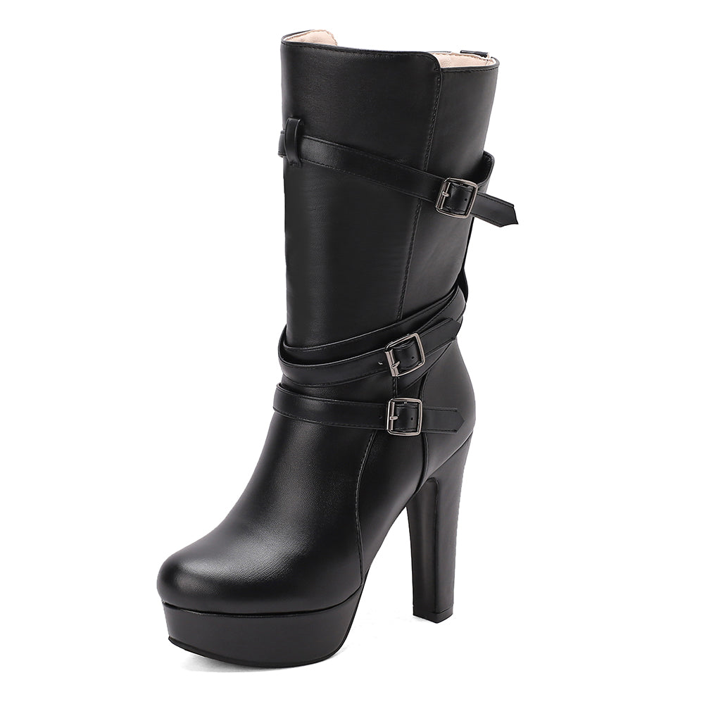 Yellow Vivienne women's mid-calf platform boots, bold buckles. Chunky heel, statement fashion boots.