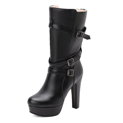Yellow Vivienne women's mid-calf platform boots, bold buckles. Chunky heel, statement fashion boots.