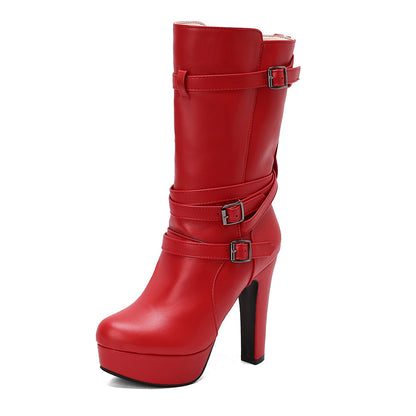 Vivienne women's red mid-calf buckle boots, platform design & chunky heel. Fashionable and tall statement footwear.