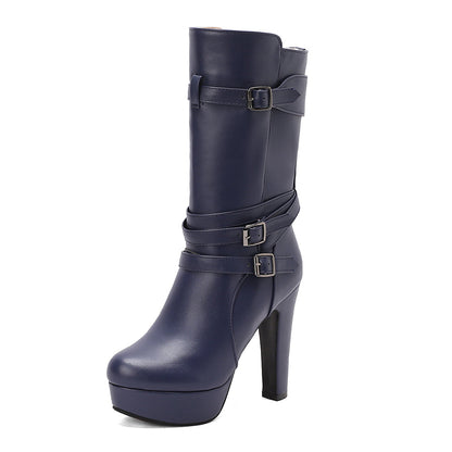 Black Vivienne platform mid-calf boots with bold buckles. Women's stylish footwear, comfortable with a chunky heel.