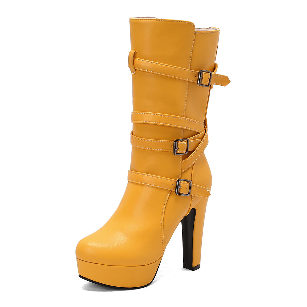 Blue Vivienne women's platform mid-calf boots with large buckles. Stylish chunky heel, comfortable fashion footwear.
