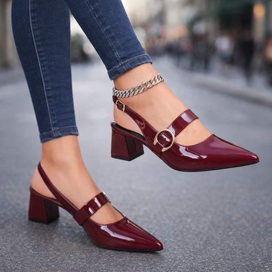 Red wine Serina pointed-toe block heels with buckle strap. Women's comfortable dress shoes for office or formal wear.