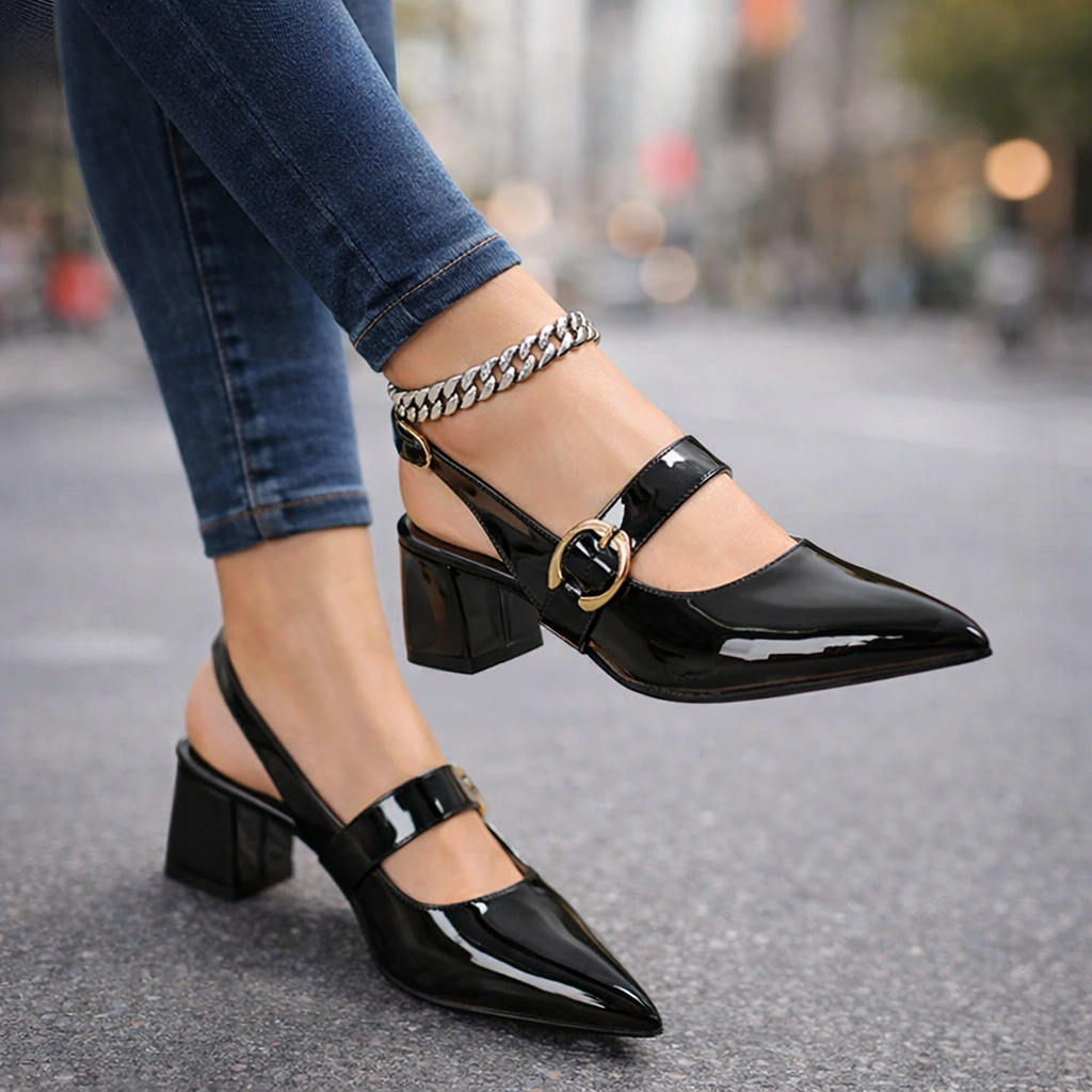 Black Serina pointed-toe block heels. Versatile women's dress shoes with buckle strap for office & formal events.