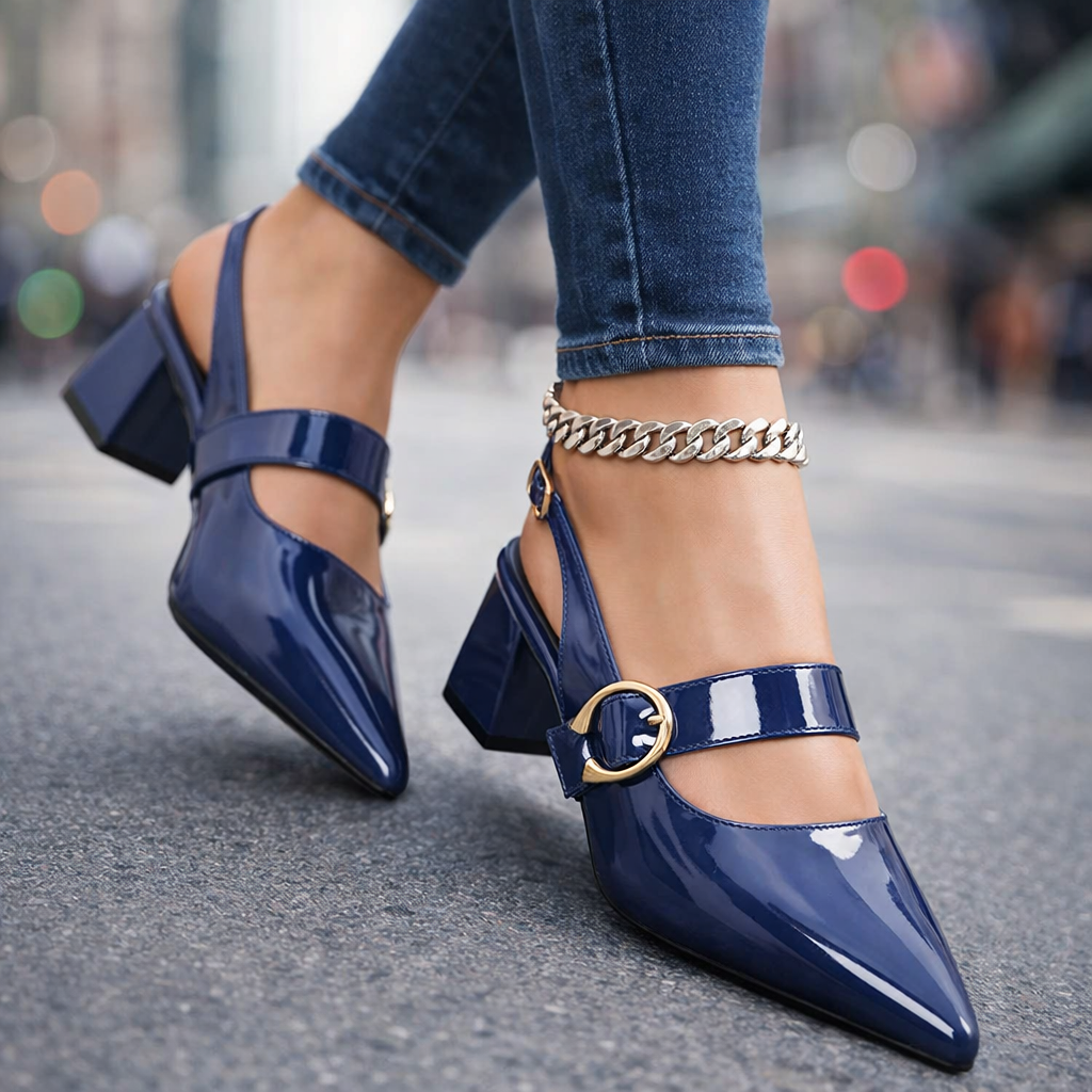 Navy blue Serina pointed-toe heels. Elegant women's block heel with buckle strap, perfect for office and parties.