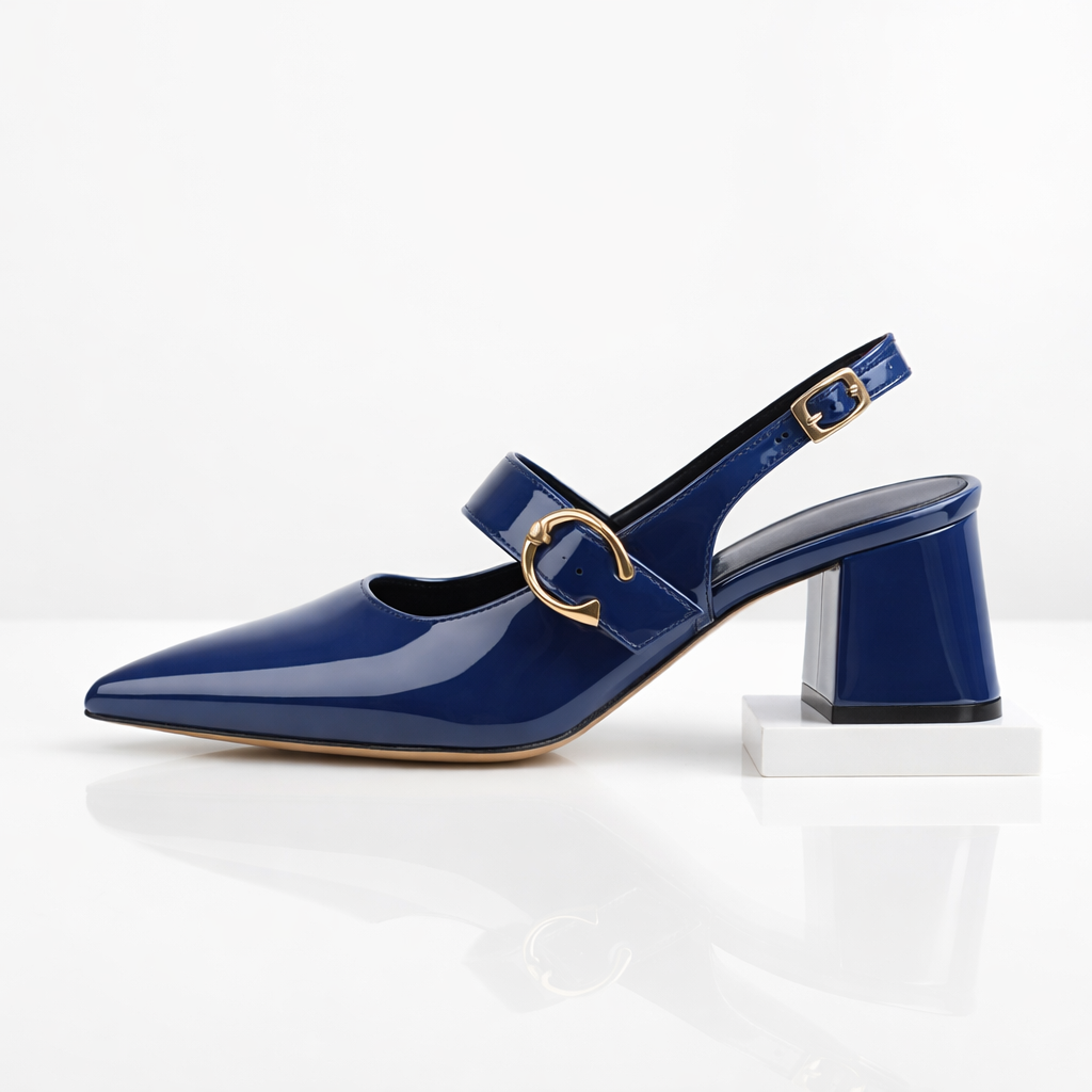 Women's Serina pointed-toe heels. Comfortable black block heels with stylish buckle strap for dressy occasions.