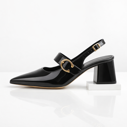 Versatile red wine Serina pointed-toe block heels. Women's dress shoes with a secure buckle strap for comfort.