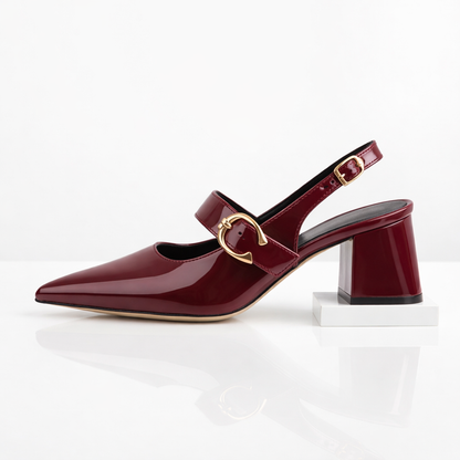 Stylish navy blue Serina pointed-toe heels. Women's comfortable block heels with a delicate buckle strap.
