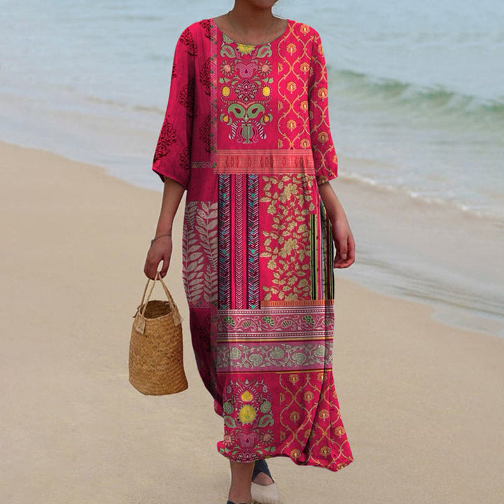 Red Women's Boho Maxi Dress with a loose, flowing design, perfect for summer, vacation, or casual beach wear.