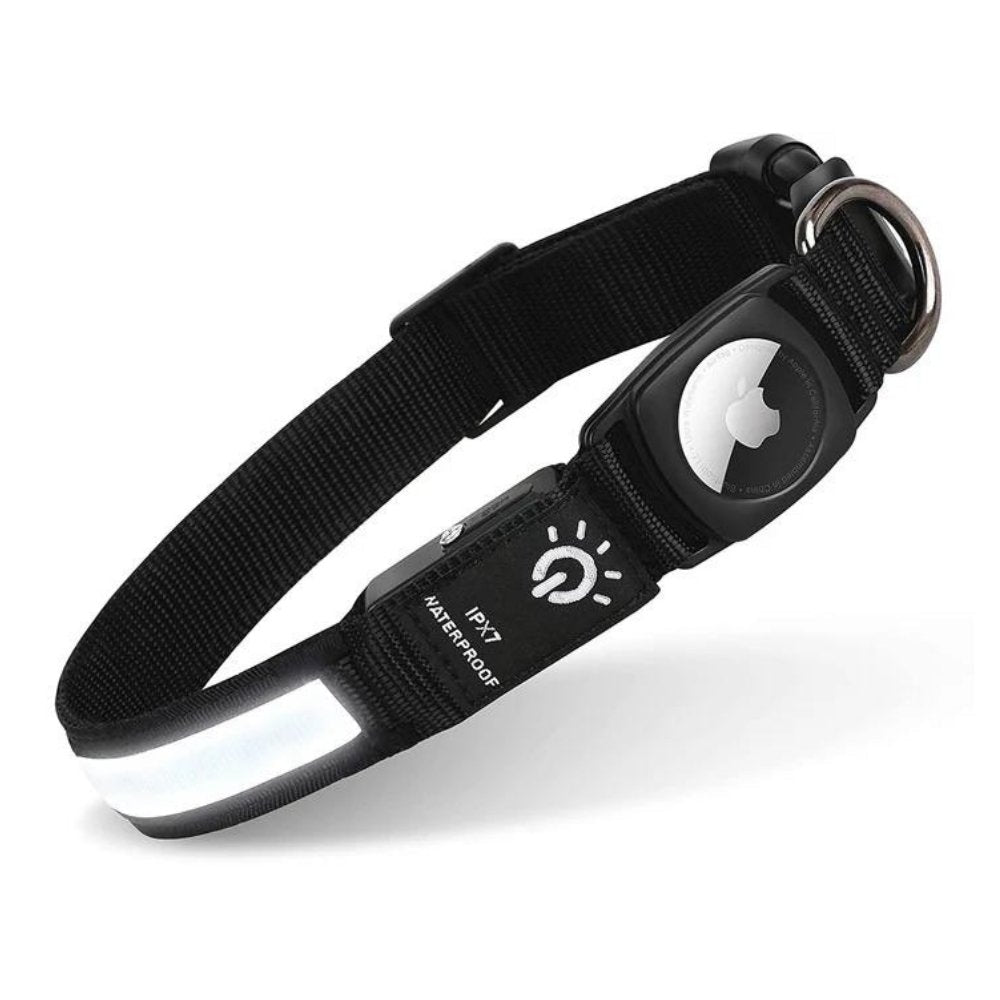 High-visibility dog collar with AirTag holder, featuring a reflective strip for ultimate pet safety and tracking.
