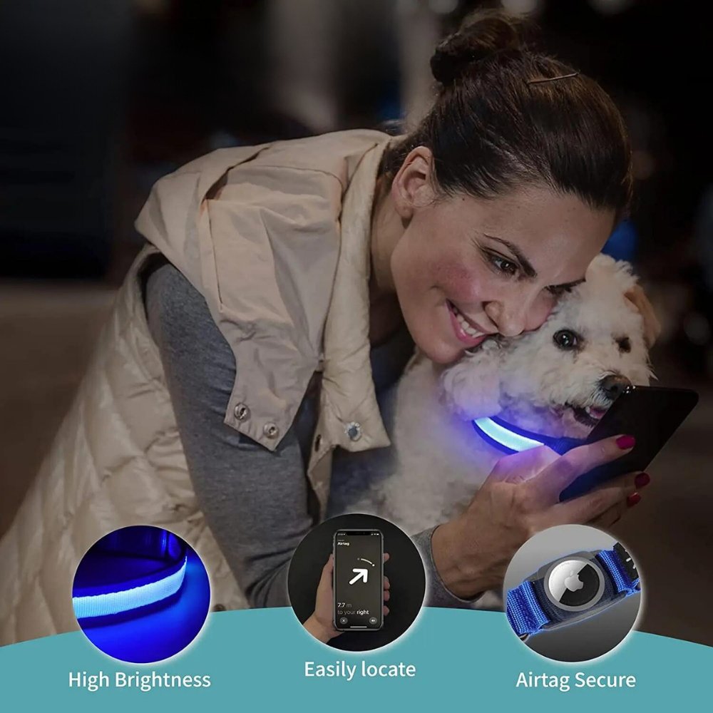 Night visibility AirTag dog collar. Features reflective design for enhanced pet safety and easy tracking.