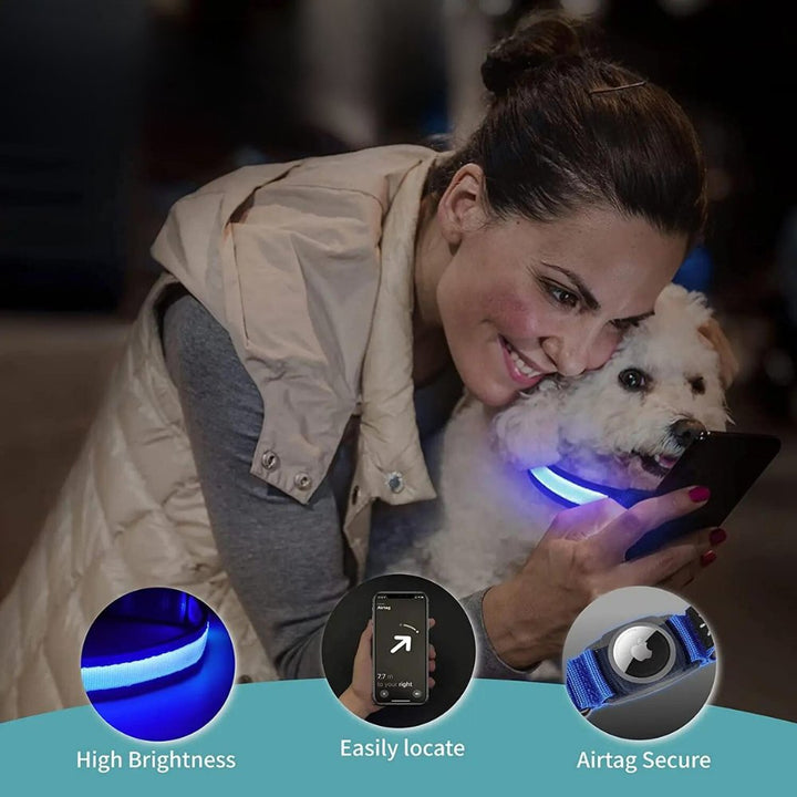 Night visibility AirTag dog collar. Features reflective design for enhanced pet safety and easy tracking.