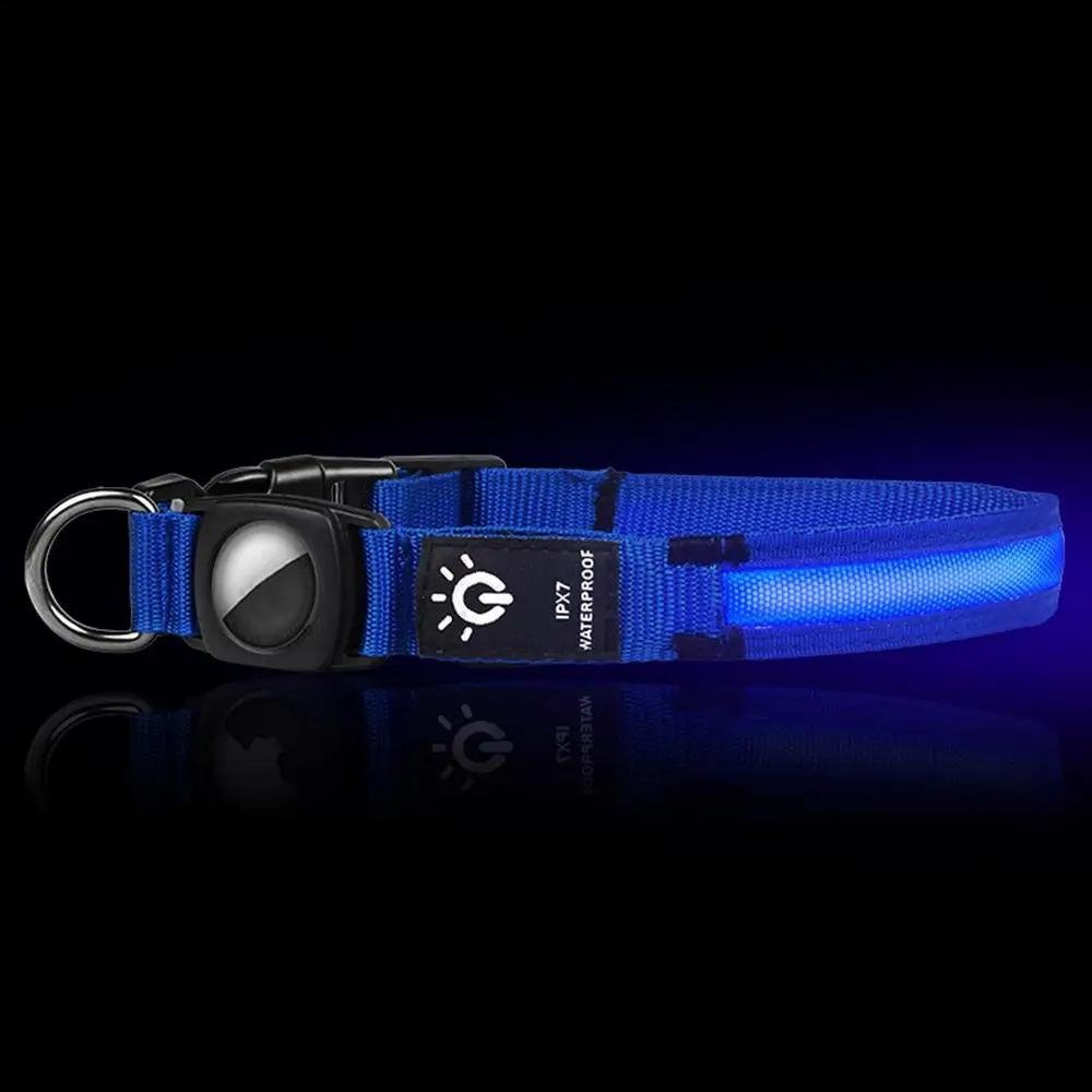 Close-up of a reflective AirTag dog collar, showcasing waterproof material and secure AirTag slot for tracking.