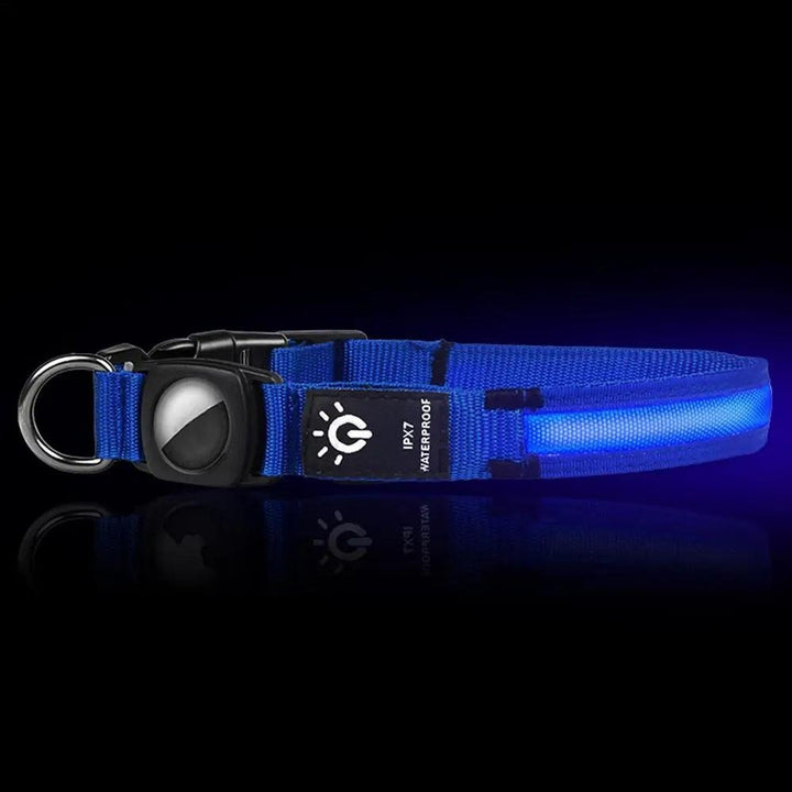 Close-up of a reflective AirTag dog collar, showcasing waterproof material and secure AirTag slot for tracking.