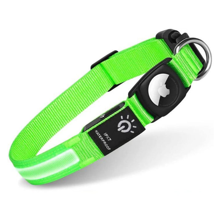 Bright reflective dog collar with AirTag holder. A waterproof pet accessory for secure tracking and visibility.