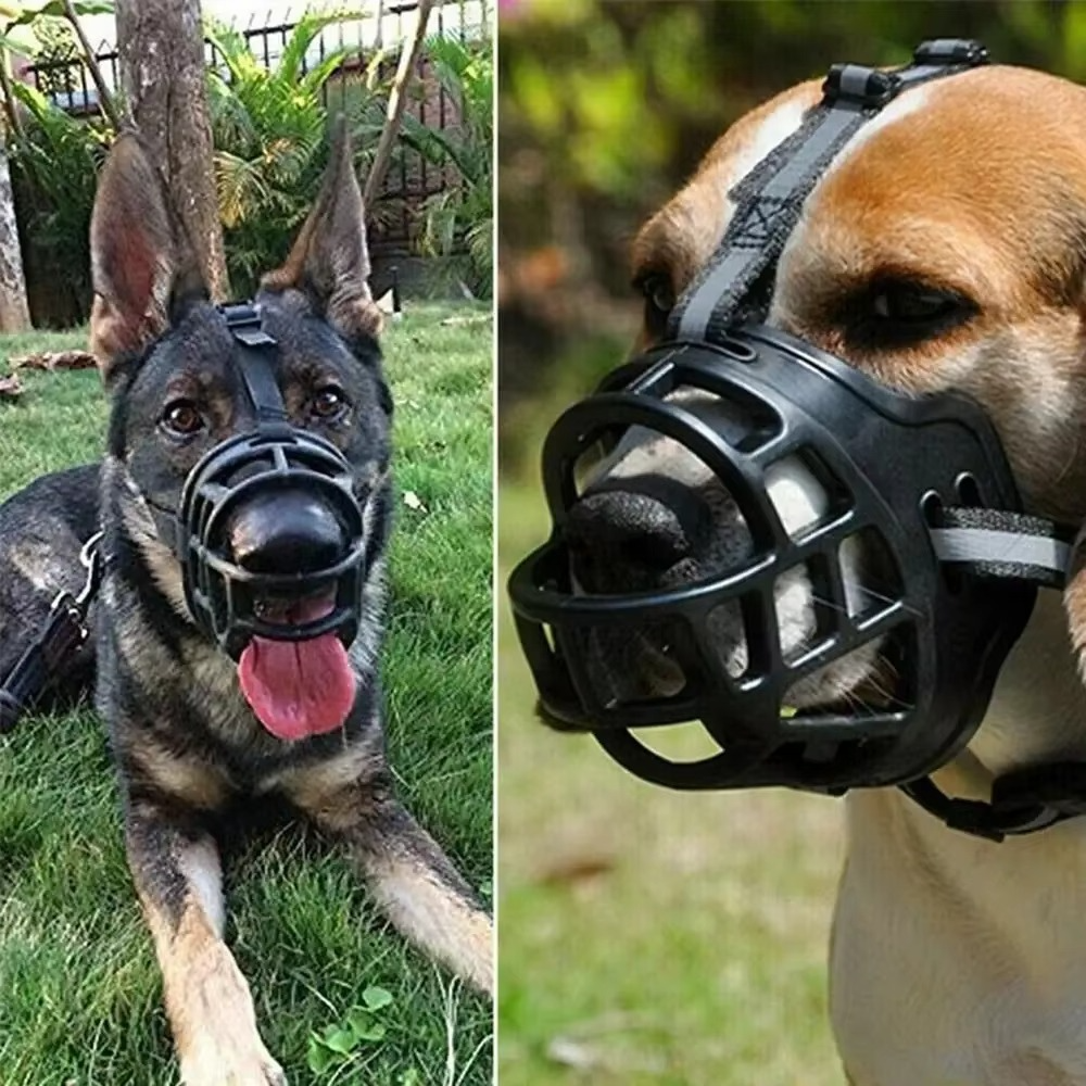 Adjustable reflective dog muzzle for pet safety & training. Breathable, anti-bite design for comfort.