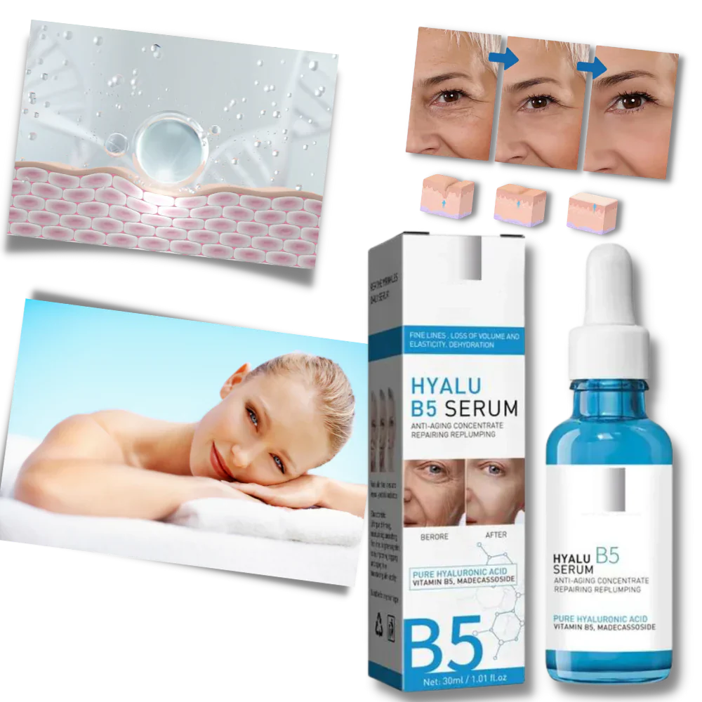 Woman applying Hyalu B5 Hyaluronic Acid Serum for wrinkle reduction, skin brightening & facial treatment.
