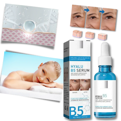 Woman applying Hyalu B5 Hyaluronic Acid Serum for wrinkle reduction, skin brightening & facial treatment.
