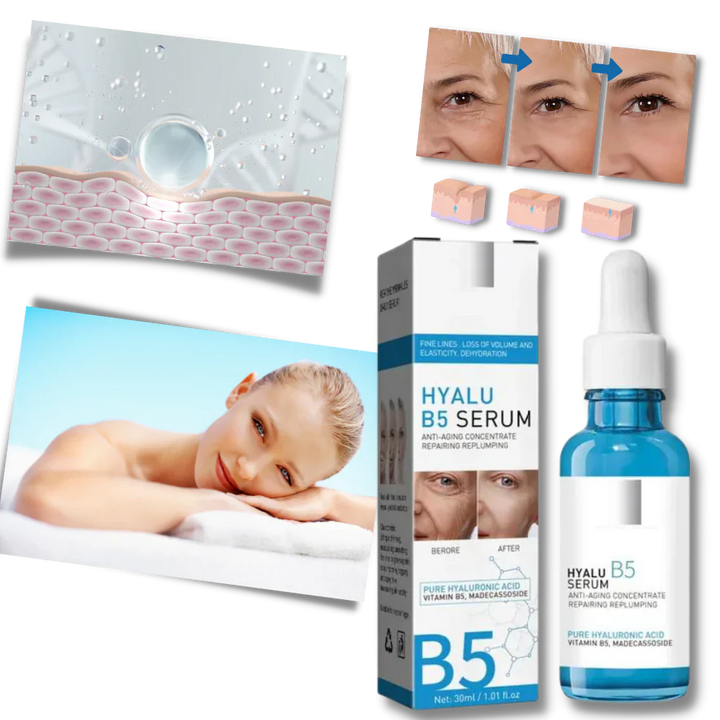 Woman applying Hyalu B5 Hyaluronic Acid Serum for wrinkle reduction, skin brightening & facial treatment.