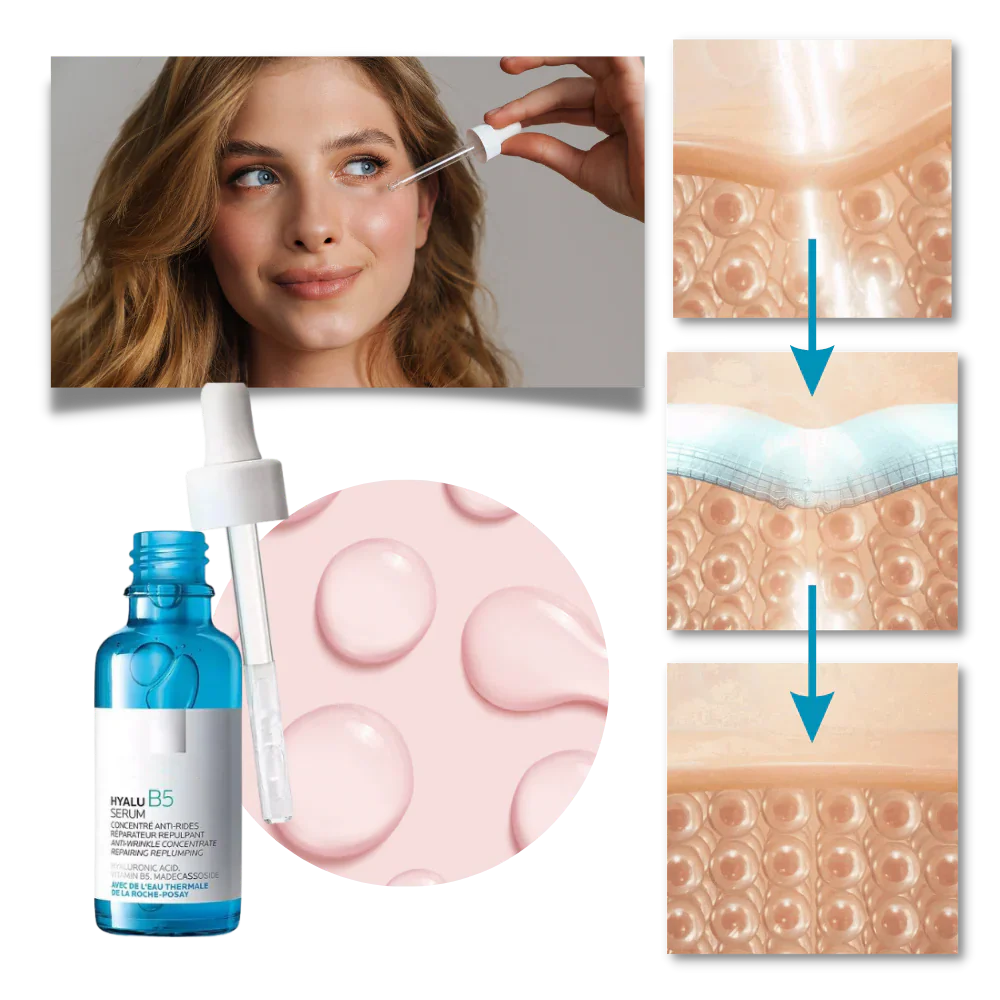 Close-up of Hyalu B5 Hyaluronic Acid Serum texture, showcasing its hydrating anti-aging skincare properties.