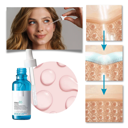 Close-up of Hyalu B5 Hyaluronic Acid Serum texture, showcasing its hydrating anti-aging skincare properties.