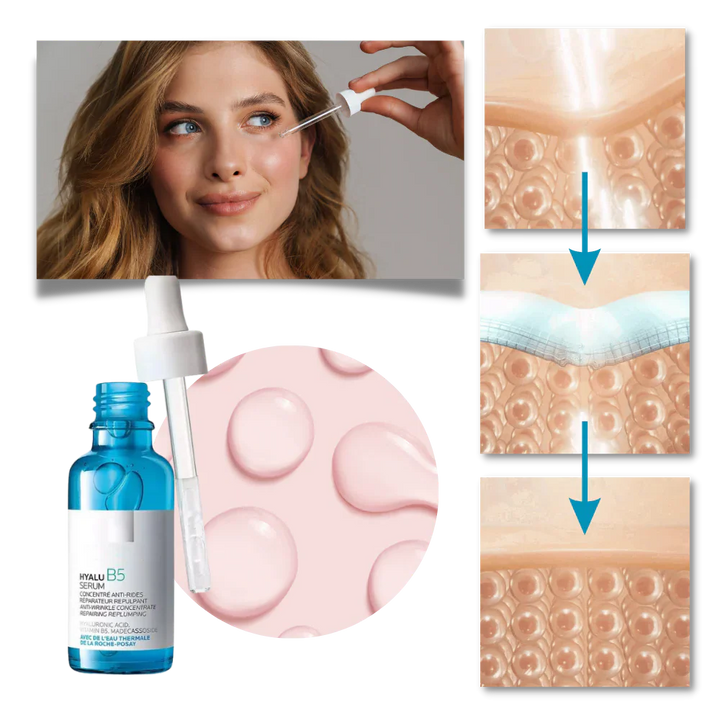 Close-up of Hyalu B5 Hyaluronic Acid Serum texture, showcasing its hydrating anti-aging skincare properties.