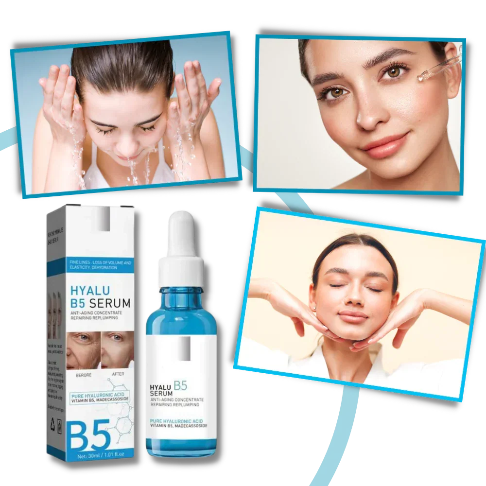 Bottle of Hyalu B5 Hyaluronic Acid Serum on a vanity, promoting youthful skin and wrinkle reduction.